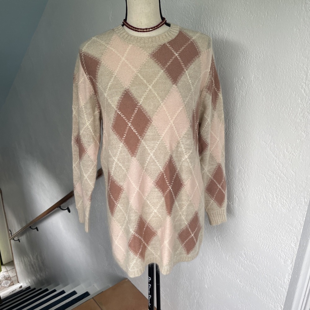 Vintage GISPA Italian Mohair Wool Beige Pink Argyle Style Cuff Sleeves Sweater L